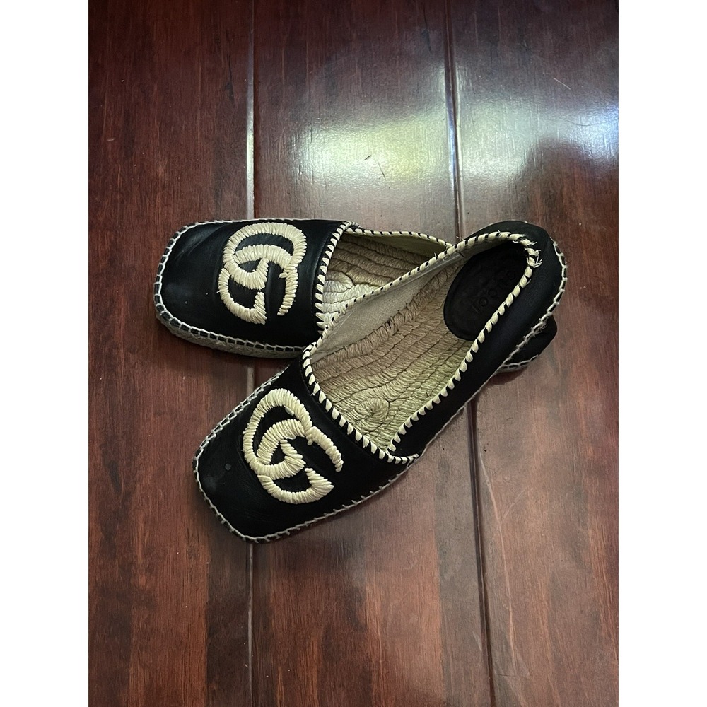Gucci Women's Black Leather Embroidered GG Espadrilles Size 37.5 - Picture 2 of 8
